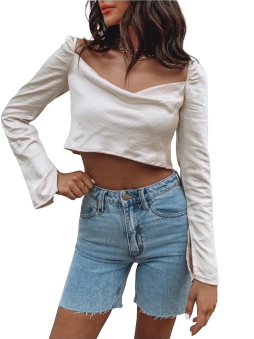 Princess Polly Women’s Champagne Pink Off-Shoulder Long Sleeve Crop Top Size 2